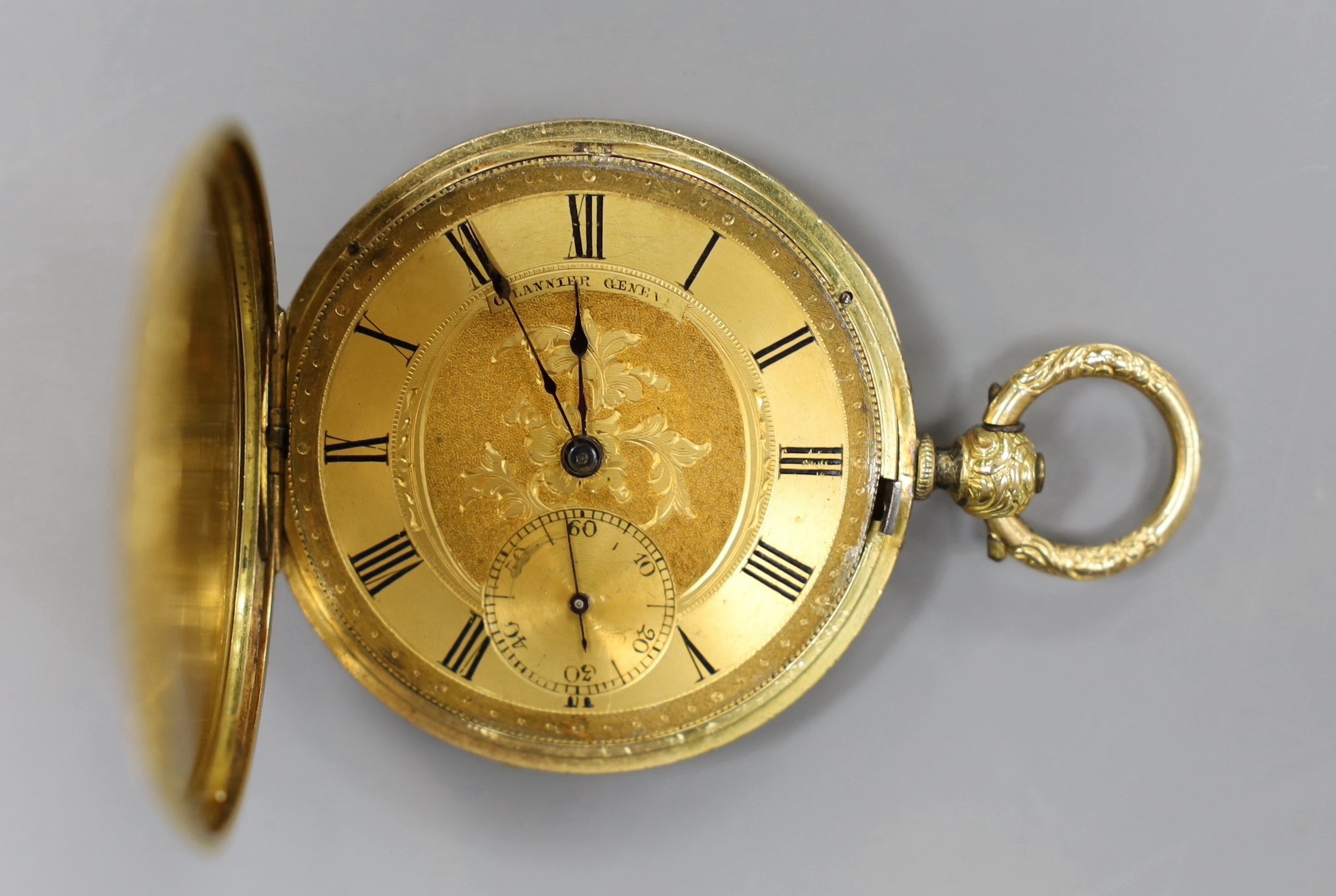 A 19th century Swiss keywind hunter pocket watch, signed Lannier, Geneva, gross weight 42.5 grams diameter 4cm (a.f.)